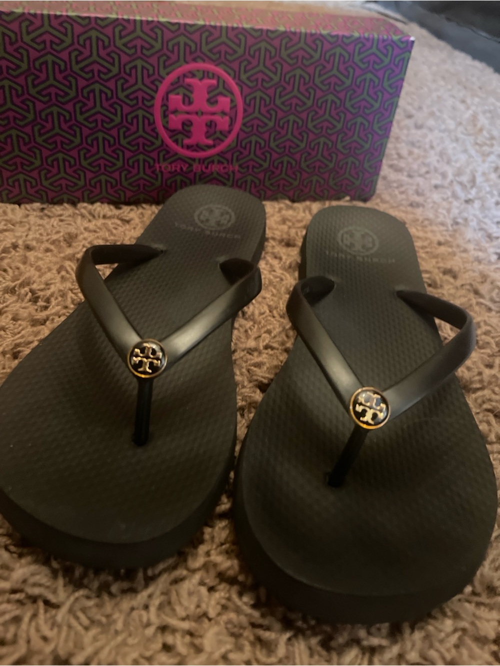 Tory Burch Black Logo Flip Flop Sandals size 9